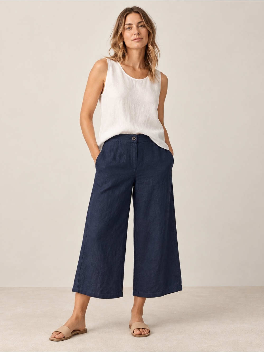 Eileen Fisher Petites Navy 100% Organic Linen Wide Leg Cropped Pants size 6p